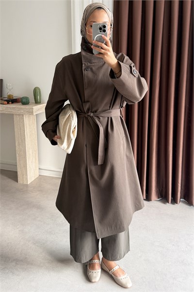 Oversize Kareli Trençkot - Kahverengi