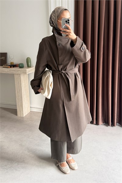 Oversize Kareli Trençkot - Kahverengi