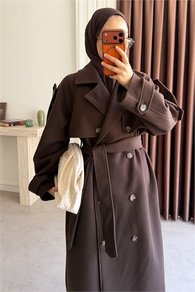 Oversize Kaşe Kaban - Kahverengi