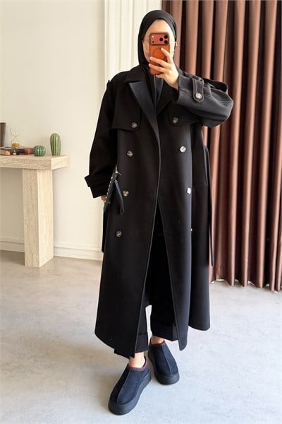 Oversize Kaşe Kaban - Siyah