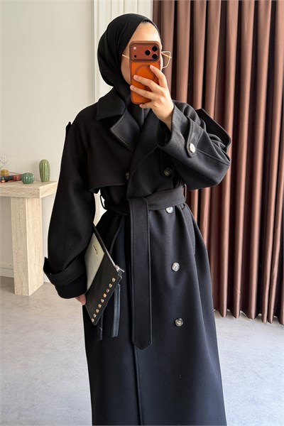 Oversize Kaşe Kaban - Siyah