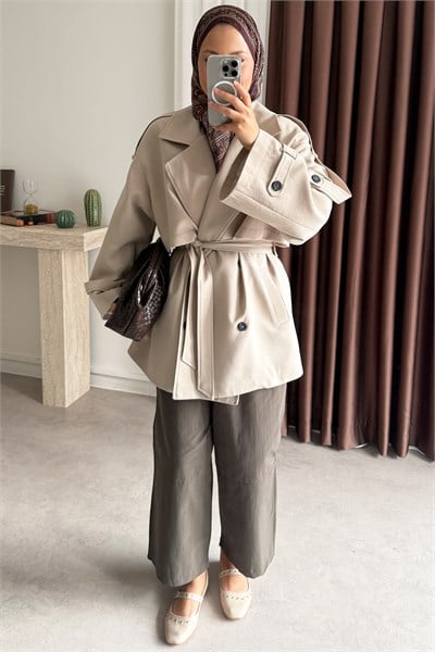 Oversize Pelerinli Trençkot - Bej