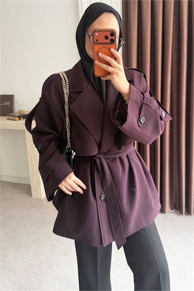 Oversize Pelerinli Trençkot - Bordo