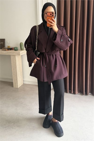 Oversize Pelerinli Trençkot - Bordo