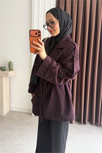 Oversize Pelerinli Trençkot - Bordo