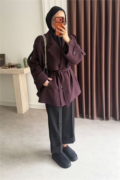 Oversize Pelerinli Trençkot - Bordo