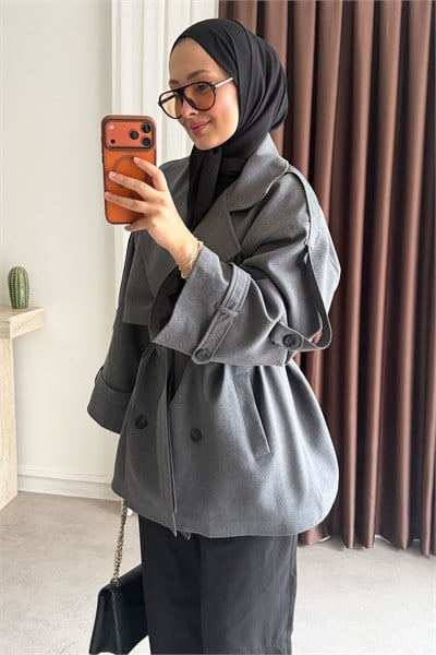 Oversize Pelerinli Trençkot - Grı