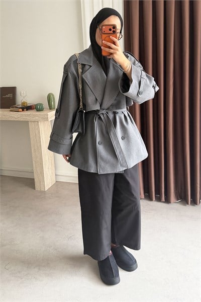 Oversize Pelerinli Trençkot - Grı