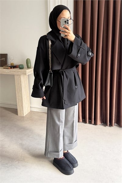 Oversize Pelerinli Trençkot - Siyah