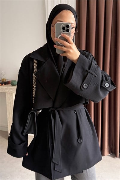 Oversize Pelerinli Trençkot - Siyah