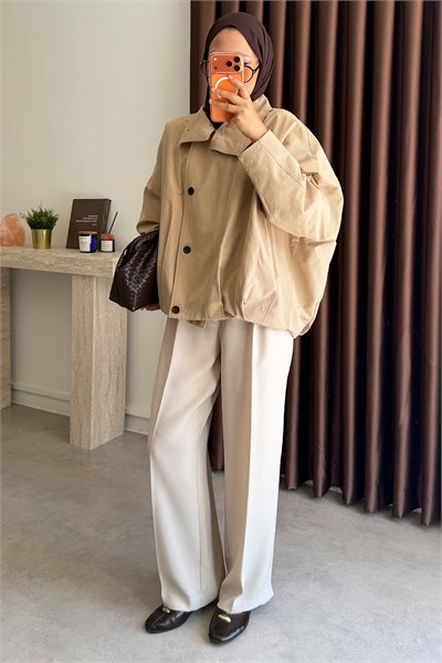 Oversize Pileli Trençkot - Bej