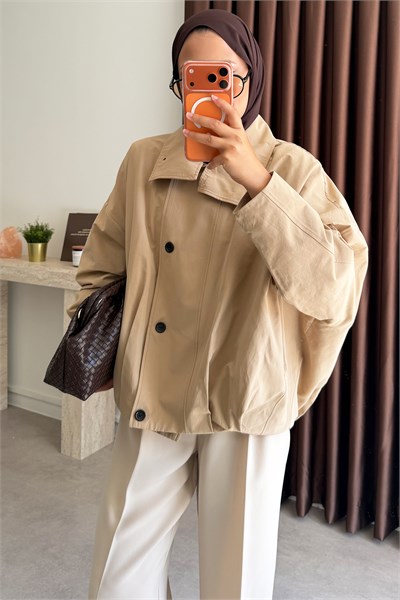 Oversize Pileli Trençkot - Bej