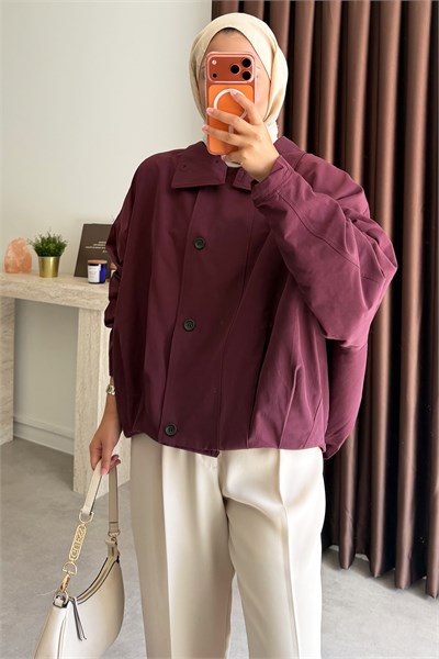 Oversize Pileli Trençkot - Bordo