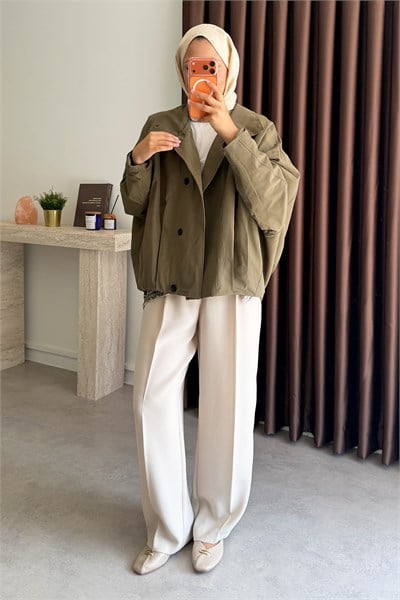Oversize Pileli Trençkot - Haki