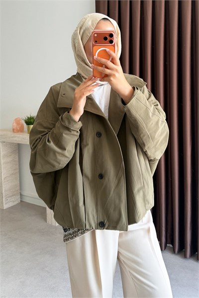Oversize Pileli Trençkot - Haki