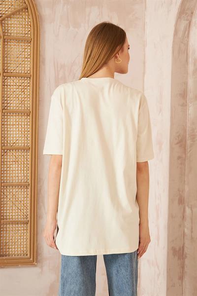 Oversize Taşlı T-shırt 4-6638 - EKRU