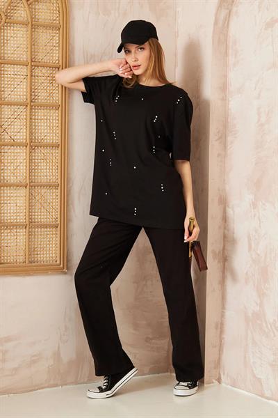 Oversize Taşlı T-shırt 4-6638 - SİYAH