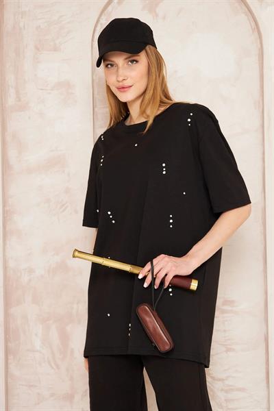 Oversize Taşlı T-shırt 4-6638 - SİYAH