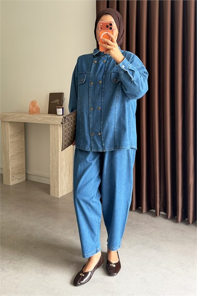 Patlı Denim Takım - Açık Kot