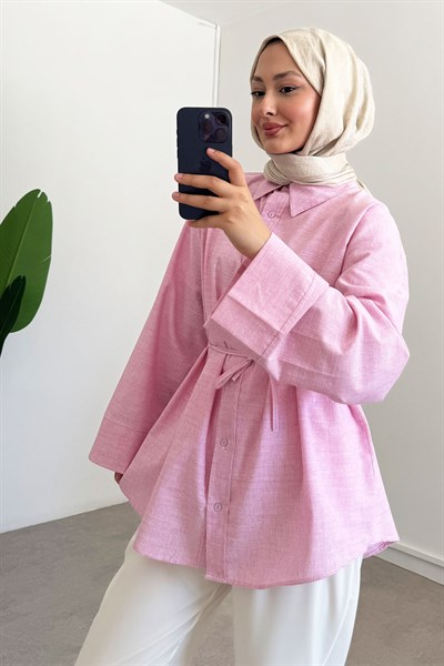 Patlı Keten Gömlek - Pembe