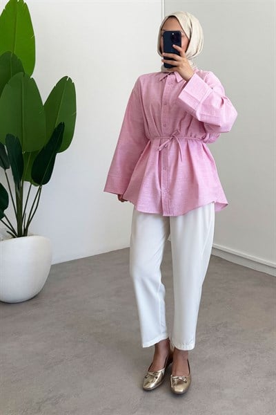 Patlı Keten Gömlek - Pembe