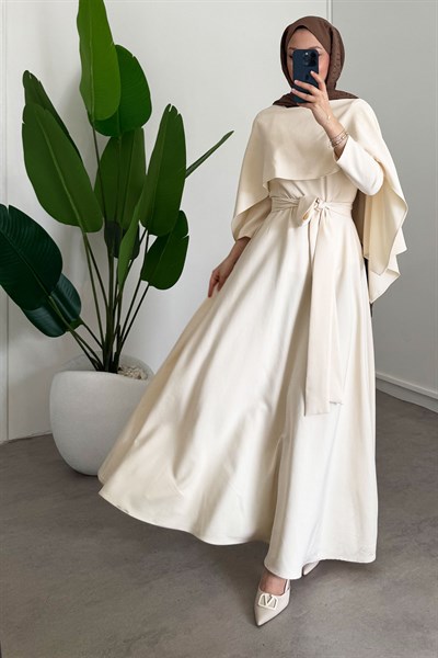 Pelerin Detay Elbise - Bej