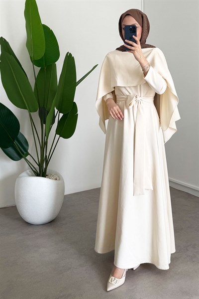 Pelerin Detay Elbise - Bej