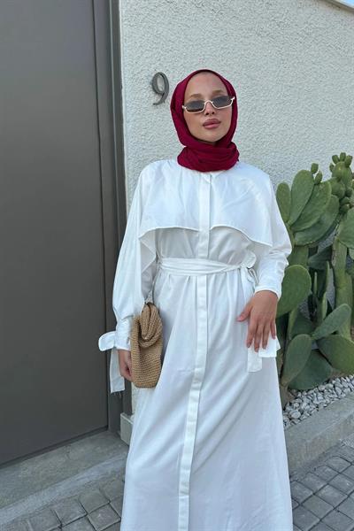 PELERİN DETAYLI ELBİSE 31-3363 - BEYAZ