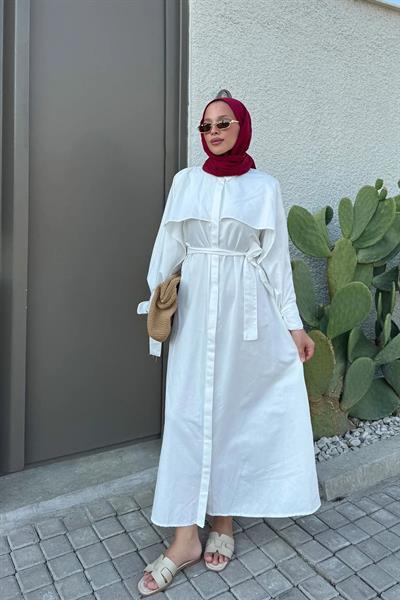 PELERİN DETAYLI ELBİSE 31-3363 - BEYAZ