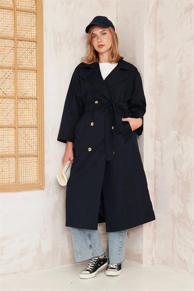 Pelerinli Astarlı Oversize Trençkot 4-6696 - LACİVERT
