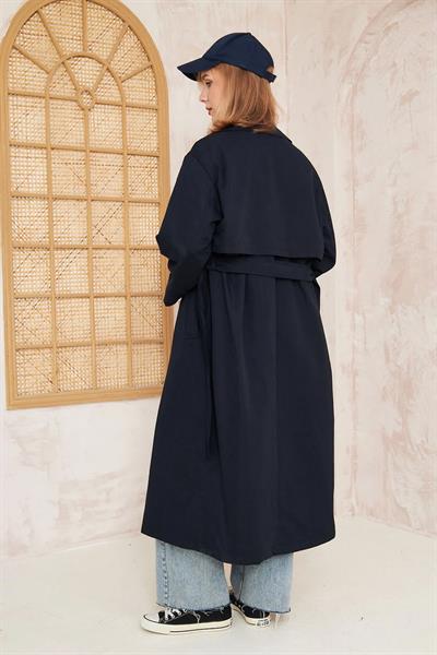 Pelerinli Astarlı Oversize Trençkot 4-6696 - LACİVERT