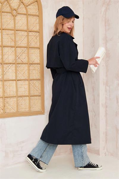 Pelerinli Astarlı Oversize Trençkot 4-6696 - LACİVERT