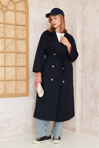 Pelerinli Astarlı Oversize Trençkot 4-6696 - LACİVERT