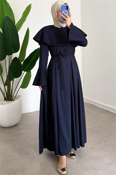 Pelerinli Gabardin Elbise - Lacivert