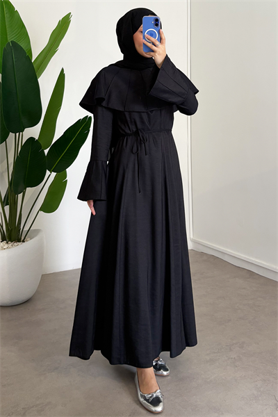 Pelerinli Gabardin Elbise - Siyah