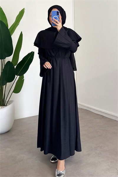 Pelerinli Gabardin Elbise - Siyah