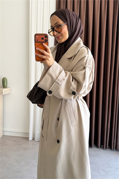 Pelerinli Oversize Trençkot - Bej