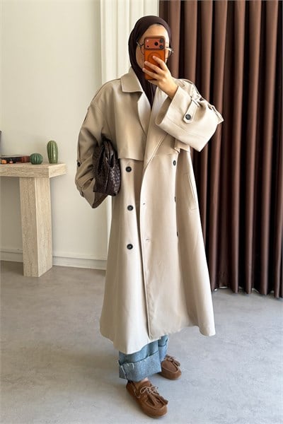 Pelerinli Oversize Trençkot - Bej