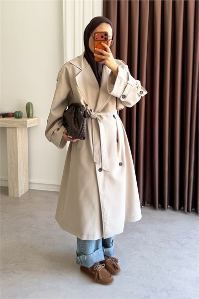 Pelerinli Oversize Trençkot - Bej