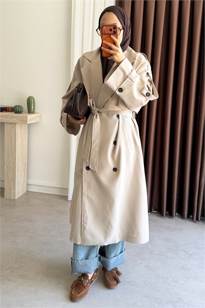 Pelerinli Oversize Trençkot - Bej