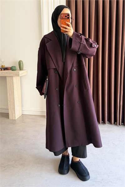 Pelerinli Oversize Trençkot - Bordo