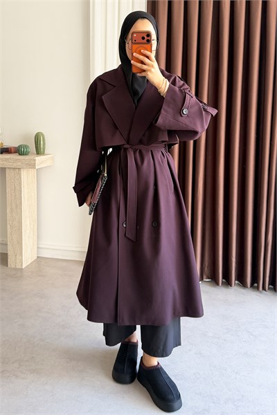 Pelerinli Oversize Trençkot - Bordo