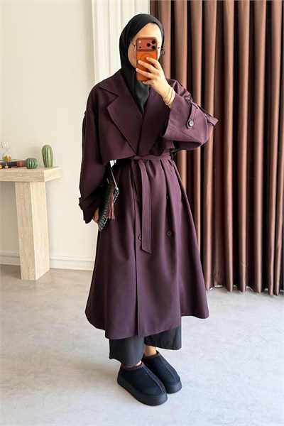 Pelerinli Oversize Trençkot - Bordo