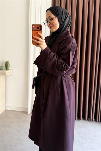 Pelerinli Oversize Trençkot - Bordo