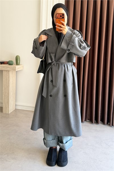 Pelerinli Oversize Trençkot - Grı