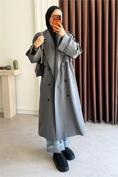 Pelerinli Oversize Trençkot - Grı