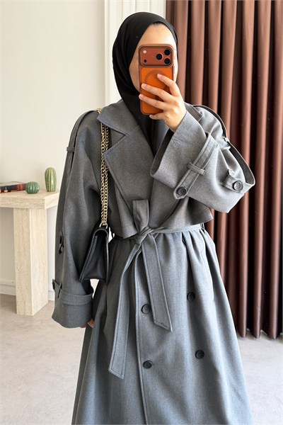 Pelerinli Oversize Trençkot - Grı