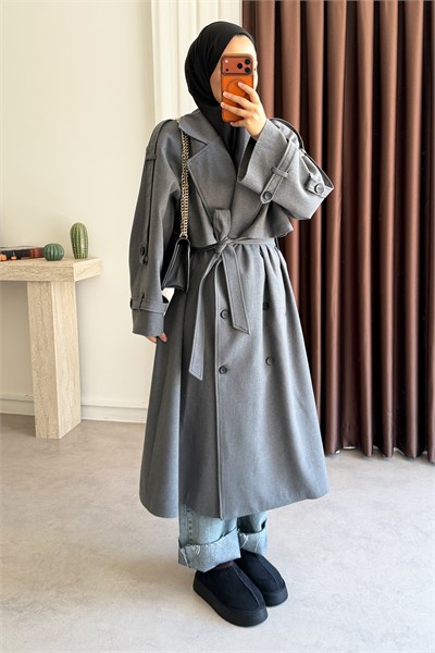 Pelerinli Oversize Trençkot - Grı