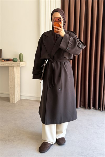 Pelerinli Oversize Trençkot - Kahverengi