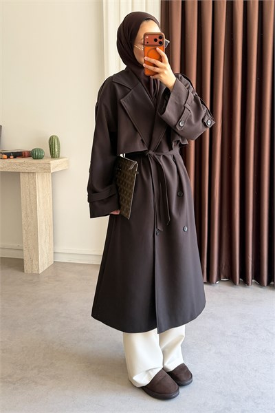 Pelerinli Oversize Trençkot - Kahverengi